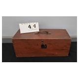 RED WOOD BOX IN ORIGINAL PAINT WITH LEATHER