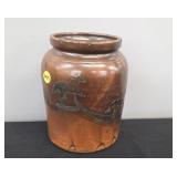 GLAZED SLIP CROCK WITH RUNNING HORSES
