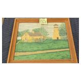 LANDSCAPE - HOUSE - TOWER OIL PAINTING ON BOARD