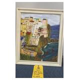 FOLK ART COASTAL VILLAGE OIL ON BOARD PAINTING