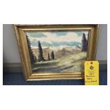 MOUNTAIN SCENE OIL ON BOARD PAINTING - 14" X 16"