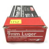 Box of 9mm Luger 115-grain FMJ Aguila cartridges,