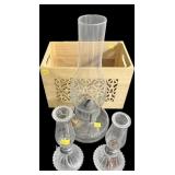 Lot, 3 assorted glass oil lamps in wooden crate