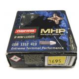 Box of 9mm Luger 108-grain Norma MHP cartridges,