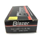 Box of 9mm Luger 115-grain FMJ Blazer cartridges,