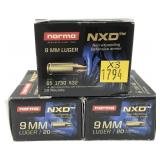 x3- Boxes of 9mm Luger HP Norma NXD cartridges,