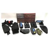 Lot, assorted holsters, mag pouches and wooden