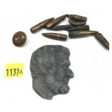Lot, carved Lincoln stone, assorted bullets and