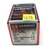 Box of .22 Cal. 55-grain SP Hornady bullets,