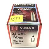 Box of .22 Cal. 40-grain V-Max Hornady bullets,