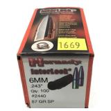 Box of 6mm (.243") 87-grain SP Hornady bullets,