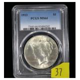 1923 Peace dollar PCGS slab certified MS-64