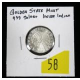 .999 Silver Indian Head round, 1/10 Troy oz.,