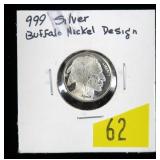 .999 Silver Buffalo nickel round, 1/10 Troy oz.