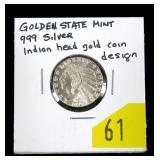.999 Silver Indian Head round, 1/10 Troy oz.,