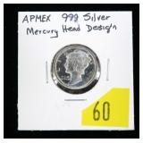 .999 Silver Mercury Head round, Apmex, 1/10 Troy