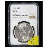 1923-S Peace dollar NGC slab certified AU-58