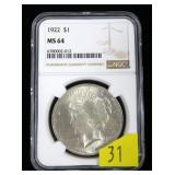 1922 Peace dollar NGC slab certified MS-64