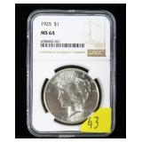 1925 Peace dollar NGC slab certified MS-64