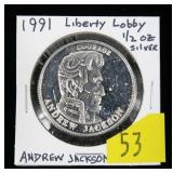 1991 1/2 oz. .999 silver Liberty Lobby Andrew