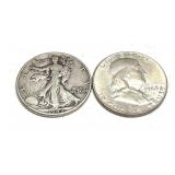 x2- Half dollars, 90% silver, -x2 half dollars,