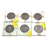 x6- Half dollars, 90% silver, -x6 half dollars,