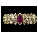 14K Yellow gold marquise cut ruby and round cut