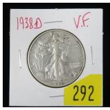 1938-D Walking Liberty half dollar, VF