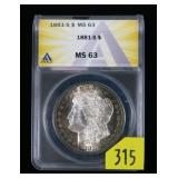 1881-S Morgan dollar, ANACS slab certified MS-63