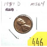 1957-D Lincoln cent, Unc.