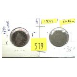 Lot, 2 Liberty Head nickels, 1890, 1897