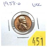 1958-D Lincoln cent, Unc.