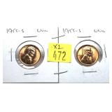 x2- 1955-S Lincoln cents, Unc. -x2 cents -Sold by