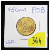 1908 $5 Gold Liberty Half Eagle, Unc.