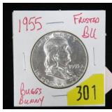 1955 Franklin half dollar, Bugs Bunny, frosted BU