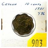 1951 Ceylon 10 cents