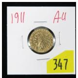 1911 $2.50 Gold Indian Quarter Eagle, AU