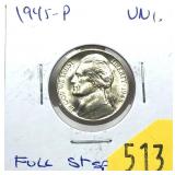1945 Jefferson war nickel, Unc., full steps