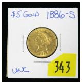 1886-S $5 Gold Liberty Half Eagle, Unc.