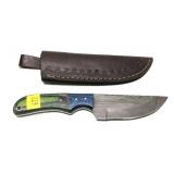 Custom Damascus Blade knife with leather sheath,