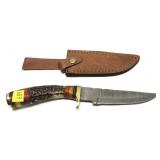 Custom Damascus Blade knife with leather sheath,
