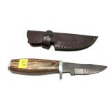 Custom Damascus Blade knife with leather sheath,