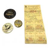 Lot, 1934 NYS Special Deer License pin with