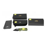 Lot, 2 CJRB Mini Pyrite folding knives with soft