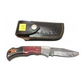 Custom Damascus Blade folding knife with leather