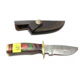 Custom Damascus Blade knife with leather sheath,