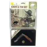 Fred Bear folding knife and tin set, new in