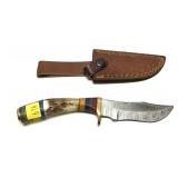 Custom Damascus Blade knife with leather sheath,