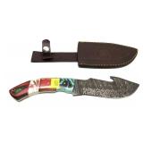 Custom Damascus Blade knife with leather sheath,