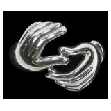 Sterling silver clasping hands ring, size 8,